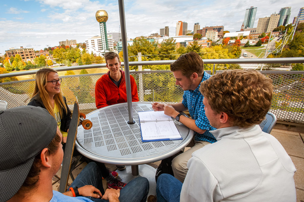 Students studying with the Knoxville skyline behind them