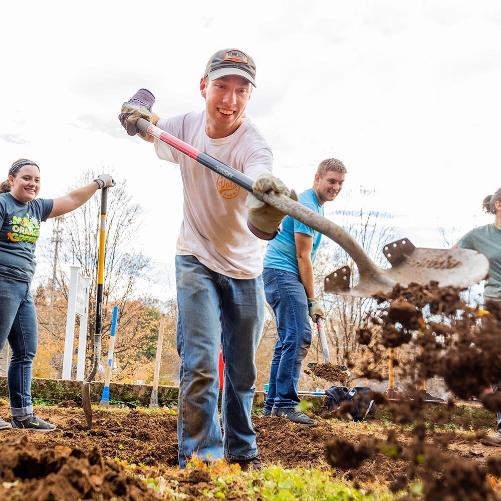 Students working on service.