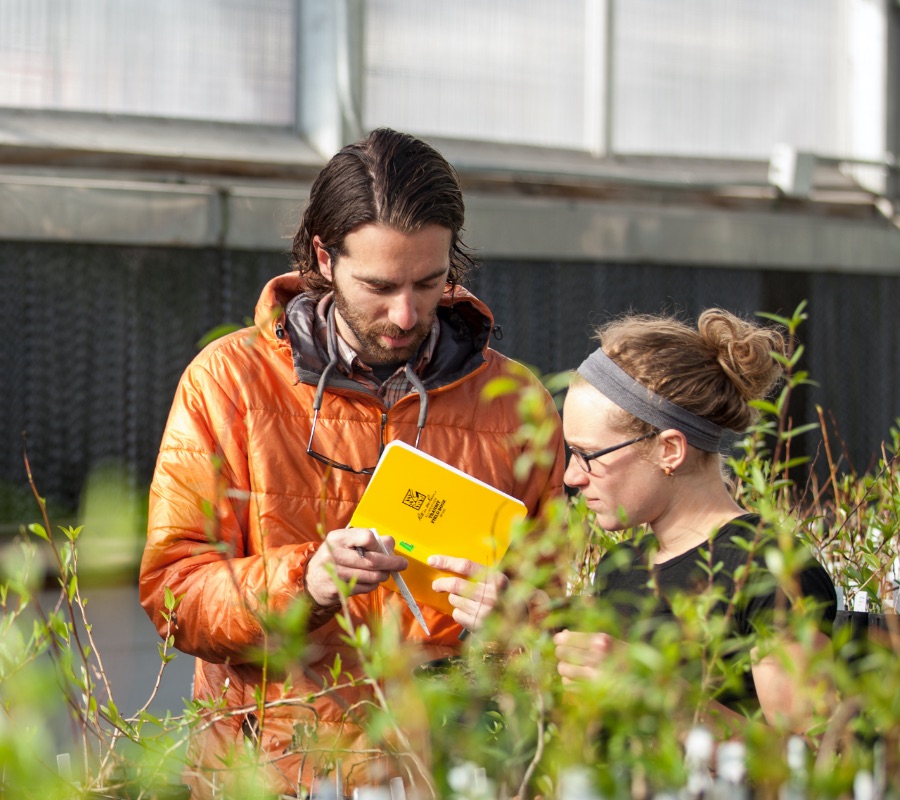 students work in a agricultural lab surrounded by plants