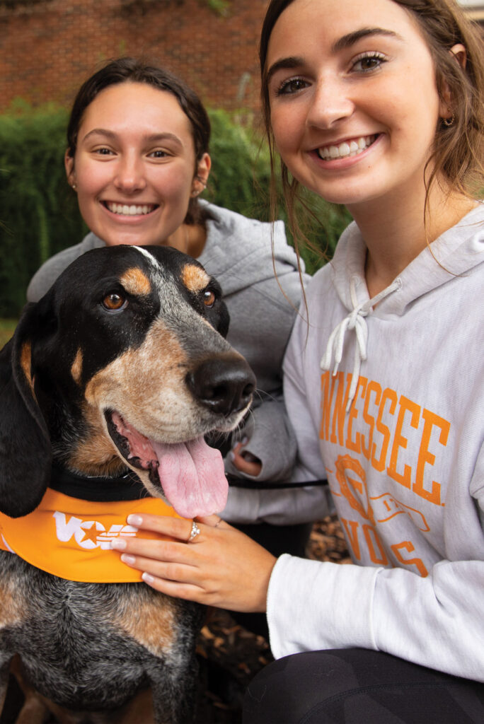 Admitted students to UT pose with Smokey. 