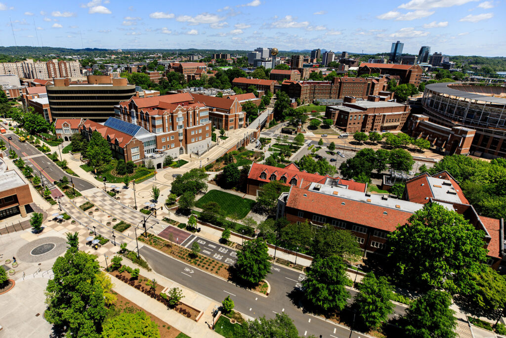 an aerial view of campus on a beautiful crisp day