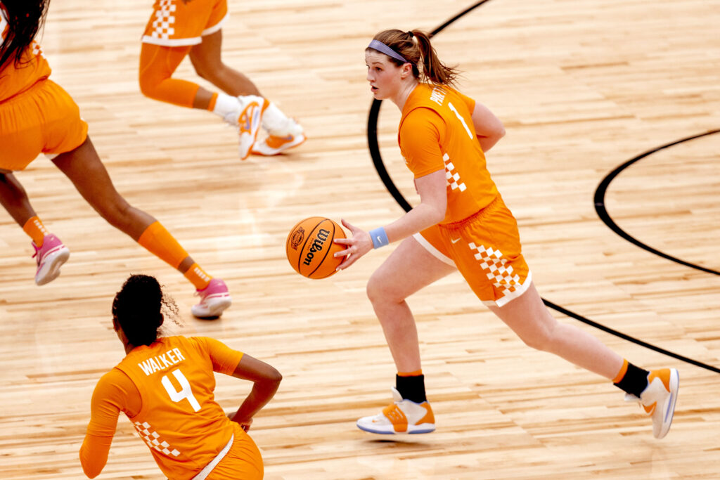 Guard/Forward Sara Puckett #1 of the Tennessee Lady Volunteers during the Sweet 16 round game of the 2023 NCAA Women’s Basketball Tournament between the Virginia Tech Hokies and the Tennessee Lady Volunteers at Climate Pledge Arena in Seattle, WA