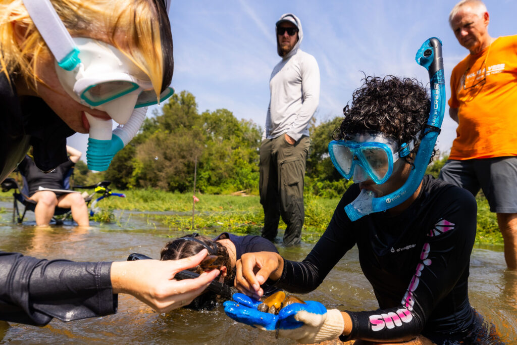 Students examine the riverbed using snorkel gear during an class expedition