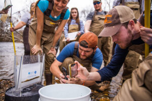 students perform water testing outside on a creekbed